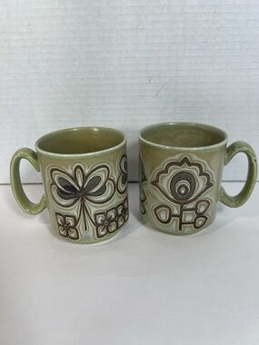 Denby England Stoneware Mug Set 2 Green Floral Retro Boho Coffee Tea Cups VTG